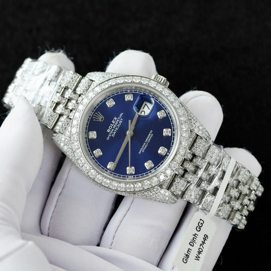 Rolex DateJust Blue Dial Copies Watches Custom Moissanite Diamonds 36mm