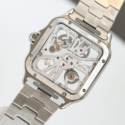 Fake Cartier Watch Santos large model mechanical movement with manual winding caliber Steel Blue Skeleton Dial WHSA0026 TWF(1:1 replica)