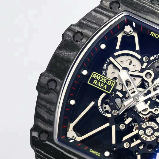 Richard Mille RM 35-01 Rafael Nadal Replica Swiss Watch ¨C Skeleton Dial, NTPT Carbon Case, Black Rubber Strap