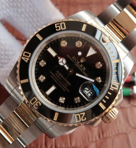 Replica Rolex Submariner 116613 LN Noob Black Dial Diamonds Markers SS/YG Bracelet A3135