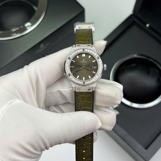 Hublot Classic Fusion Titanium Green Replica Watch Custom Moissanite Diamonds 33mm