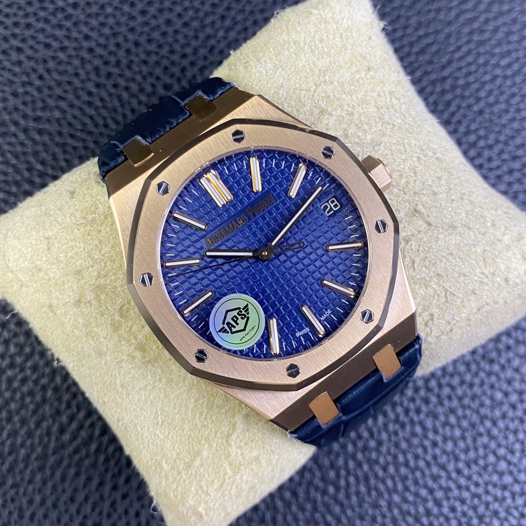 Audemars Piguet Replica AP Watch Royal Oak Selfwinding ¡°50th Anniversary¡± 41mm Rose Gold Blue Dial Leather Strap 15510OR.OO.D315CR.01-APS(1:1 replica)