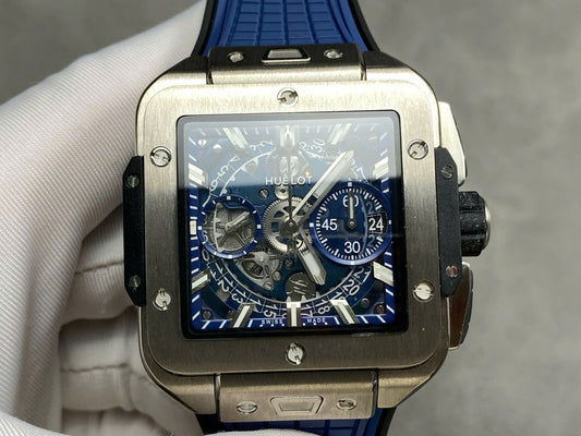 Hublo Square Bang Unico Titanium Replica Watches Blue Rubber Strap BBF Factory 42mm