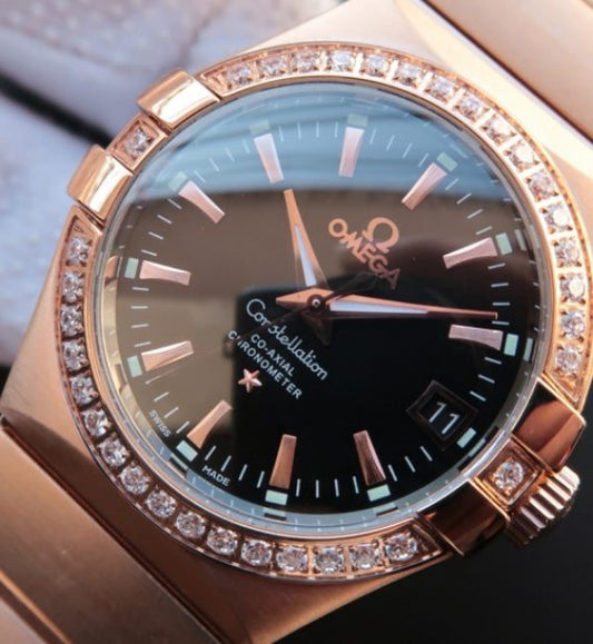 Replica Omega V6 Constellation RG Black Dial Diamonds Bezel RG Bracelet A2500
