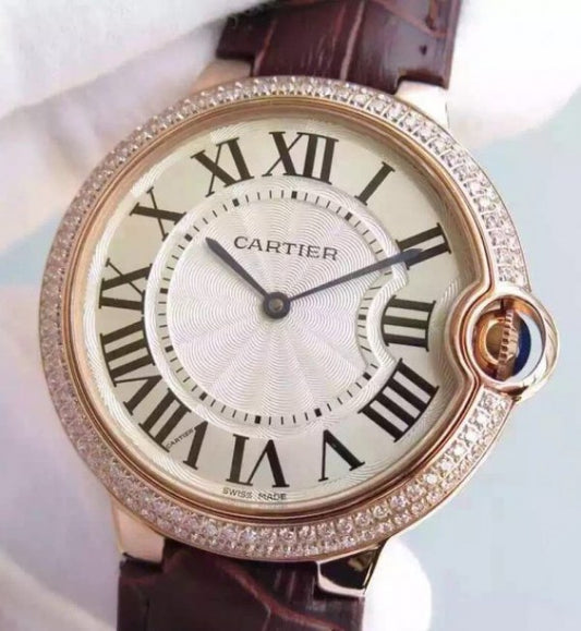 Replica Cartier Ballon Bleu 40mm RG Diamonds Bezel Whit Dial Leather Strap MIYOTA9015