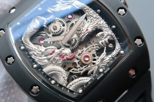 Replica Richard Mille RM057 Dragon Phoenix PVD SS Case Silver Dragon Dial Black Rubber Strap