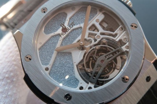 Replica Hublot Classic Fusion Tourbillon 45mm TF Purple Skeleton Dial Black Gummy Strap A23J