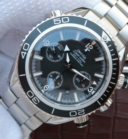 Replica Omega Seamaster Planet Ocean Chrono 45mm Black Dial Silver Markers SS Bracelet A7750