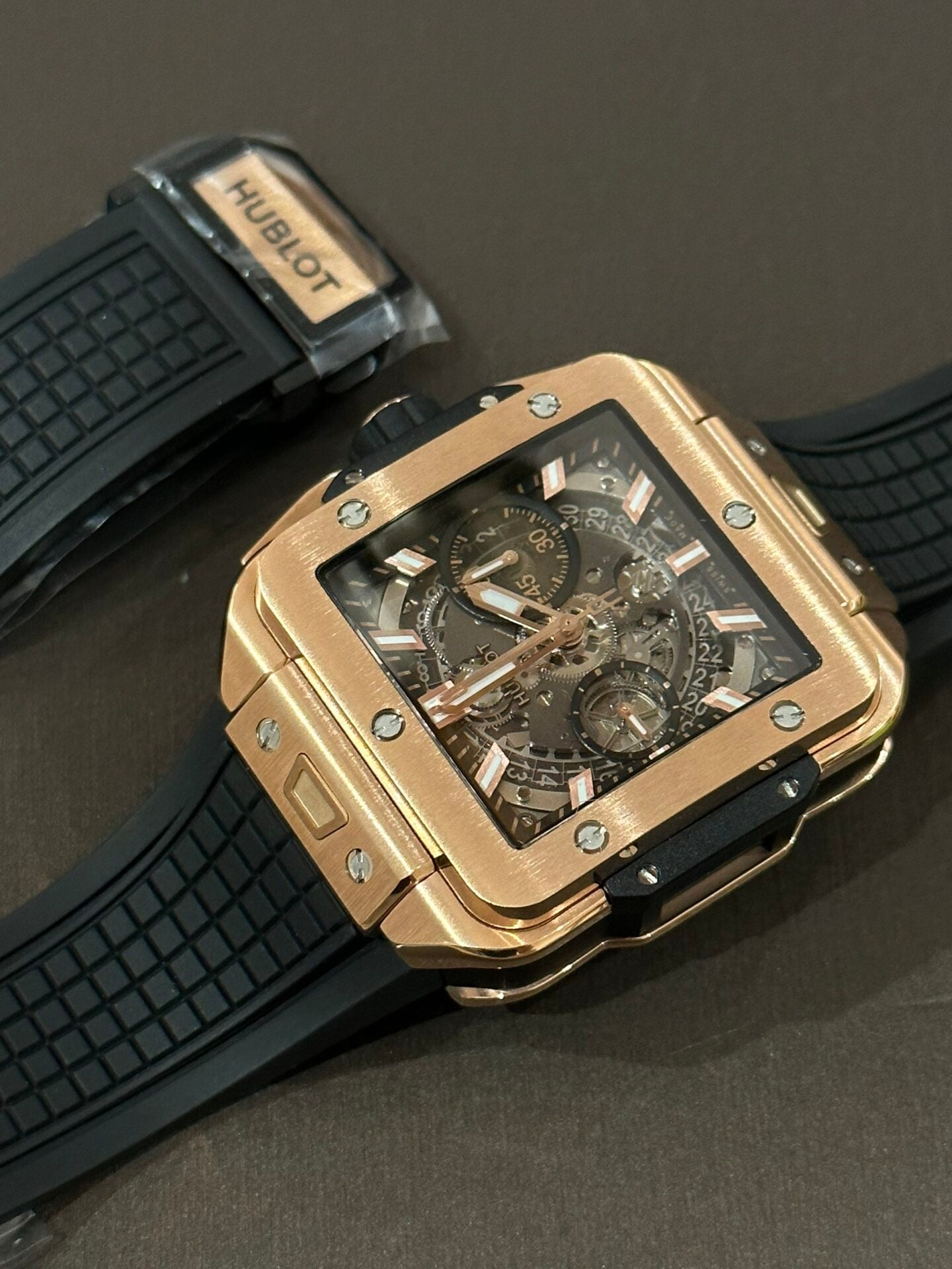 Hublot Big Bang Square Replica Watch Rose Gold Rubber Strap BBF 42mm
