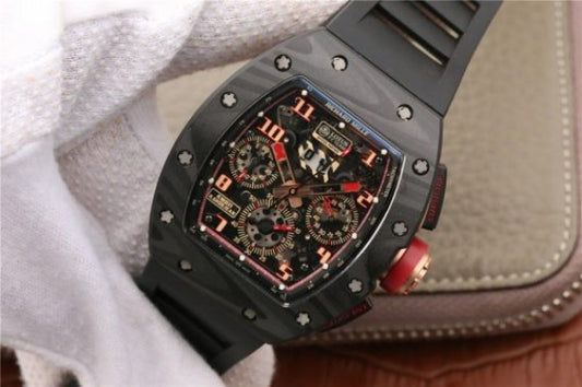 Replica Richard Mille RM011 NTPT Lotus F1 Team PVD Chronograph KVF Crystal Skeleton Dial Red Black Rubber Strap A7750