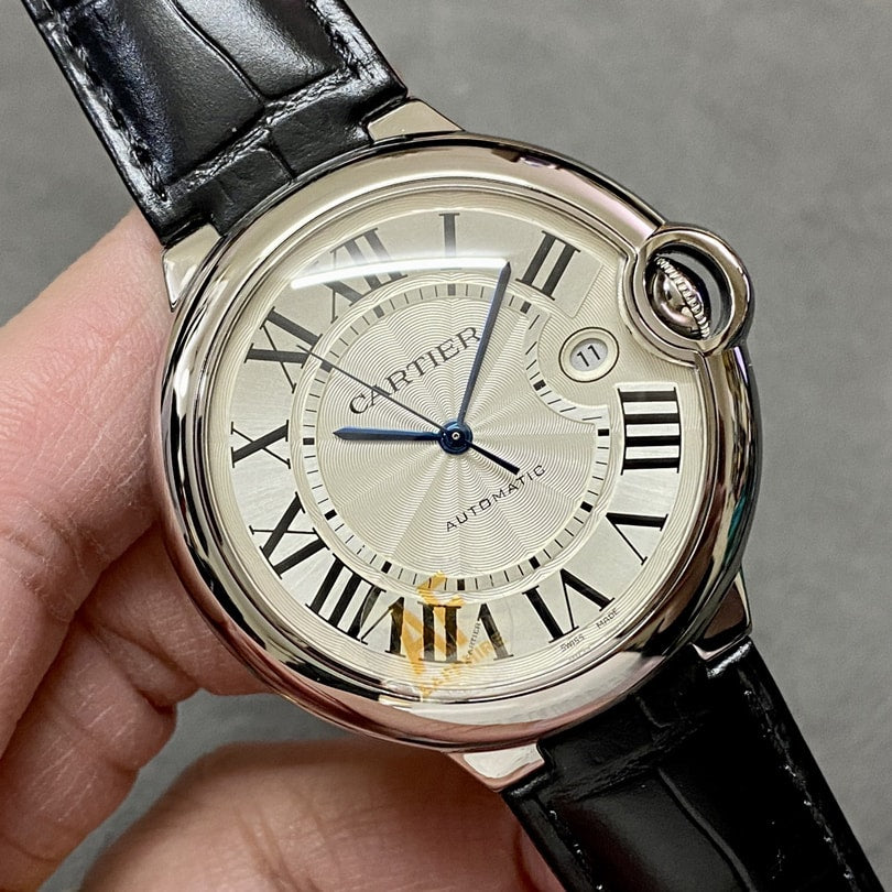 Cartier Ballon Bleu de Fake Cartier Watch Stainless Steel 42mm Silver Dial Leather Strap WSBB0026-AF(1:1 replica)