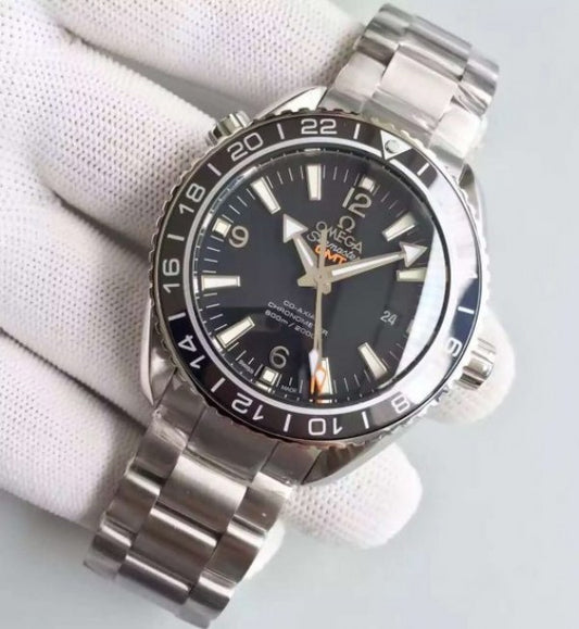 Replica Omega Planet Ocean SS GMT Black Dial Silver Markers SS Bracelet A8605