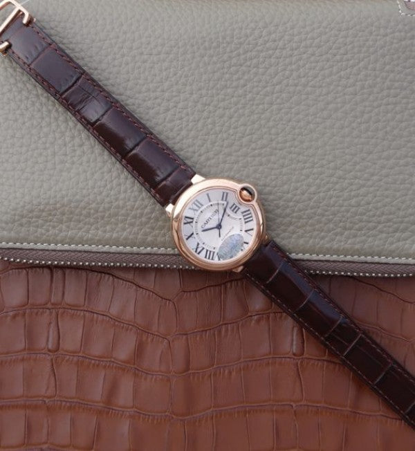 Replica Cartier V6 Ballon Bleu 36mm RG White Textured Dial Leather Strap