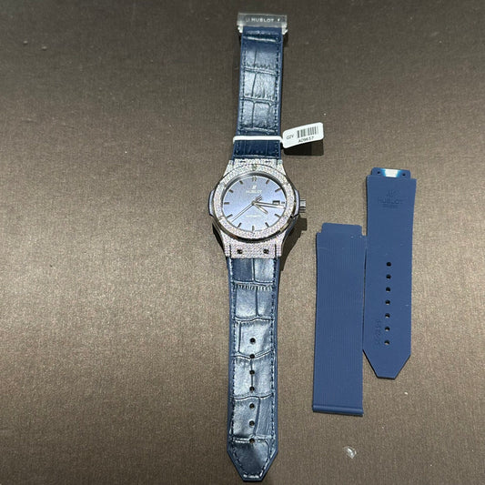 Hublot Replica Watch With Full Diamond Moissanite Diamonds Blue Dial 42mm