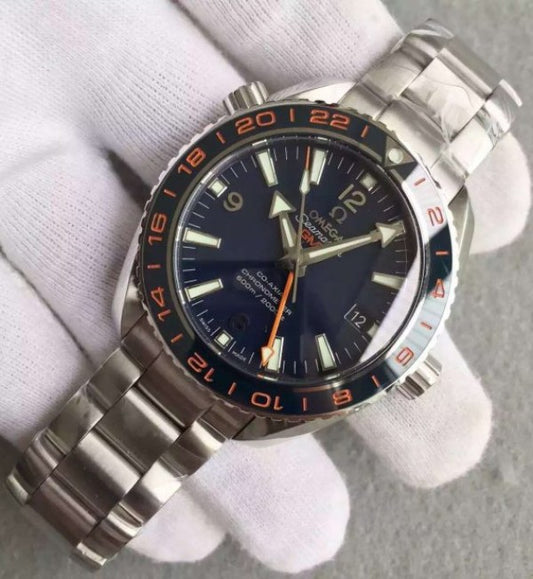 Replica Omega Planet Ocean GMT Goodplanet Blue Bezel Orange Marker Blue Dial SS Bracelet A8605