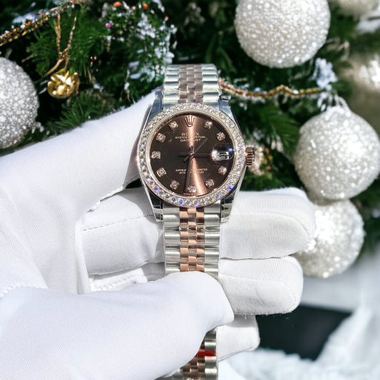 Rolex Replica Watch DateJust Chocolate Dial Custom Benzel Moissanite Diamonds 31mm
