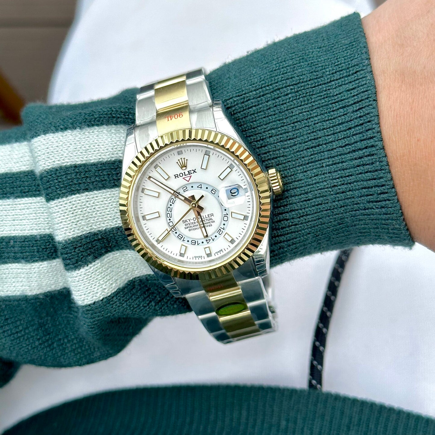 Rolex Sky-Dweller Replica Watch White Dial Demi Oyster Strap Factory N 41mm