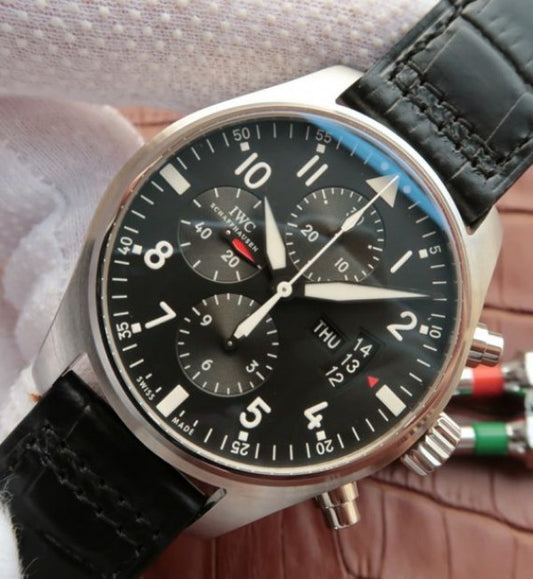 Replica IWC Pilot Chrono IW377701 Black Dial Leather Strap