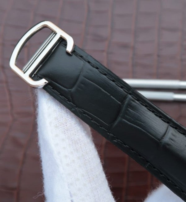 Replica Cartier Ballon Bleu Tourbillon SS Diamond Bezel Black Leather Strap