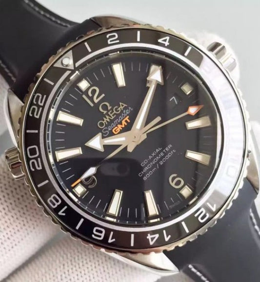 Replica Omega Planet Ocean SS GMT Black Dial Silver Markers Black Rubber Strap A8605
