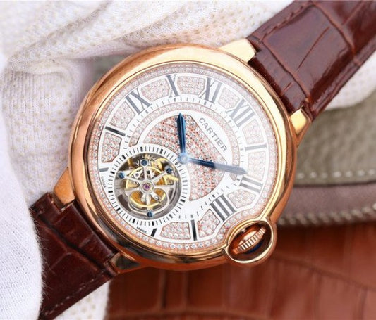 Replica Cartier Ballon Bleu de Cartier Tourbillon RG Leather Strap Diamonds Dial