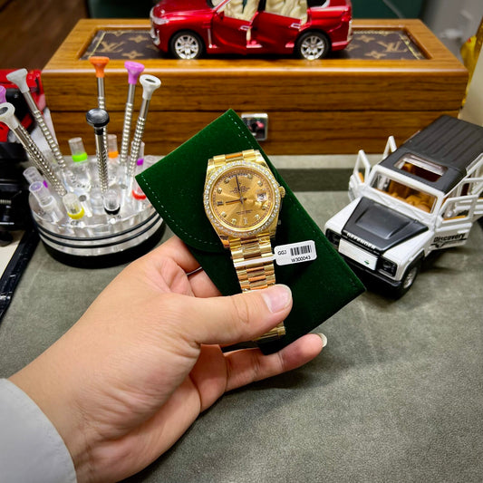 Rolex Fake Watch Day-Date Yellow Dial Custom Moissanite Diamonds 40mm
