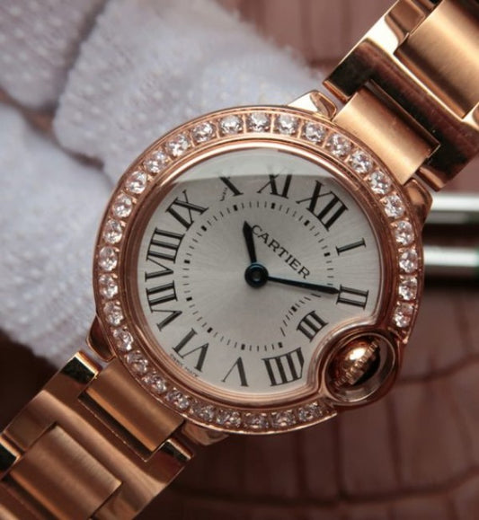 Replica Cartier Ballon Bleu 28mm RG Diamonds Bezel White Dial Bracelet Ronda Quartz