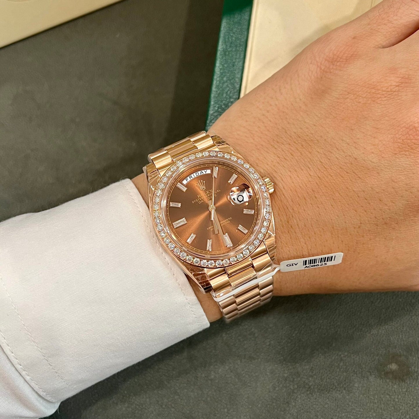 Rolex Fake Watch Day-Date Dial Chocolate Moissanite Diamonds Custom 40mm