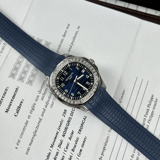 Patek Philippe Replica Watch Aquanaut 5168G Custom Moissanite Baguette Diamonds Blue Dial 42.2mm