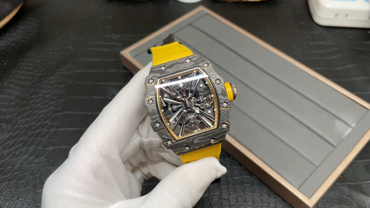 Swiss Replica Richard Mille RM 12-01 Tourbillon Watch ¨C Bold Yellow Fabric Strap, Carbon Fiber Barrel Case, Skeleton Dial