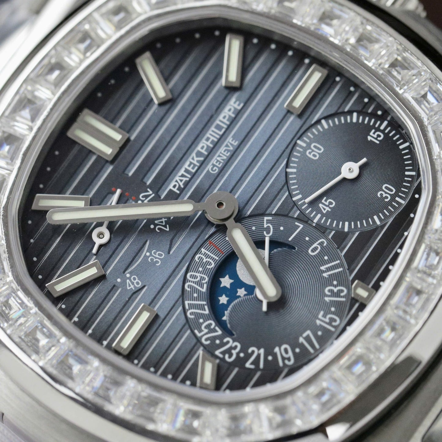 Patek Philippe Nautilus 5724G Refined Dial Replica Watch Custom Diamonds Moissanite Baguette 40mm