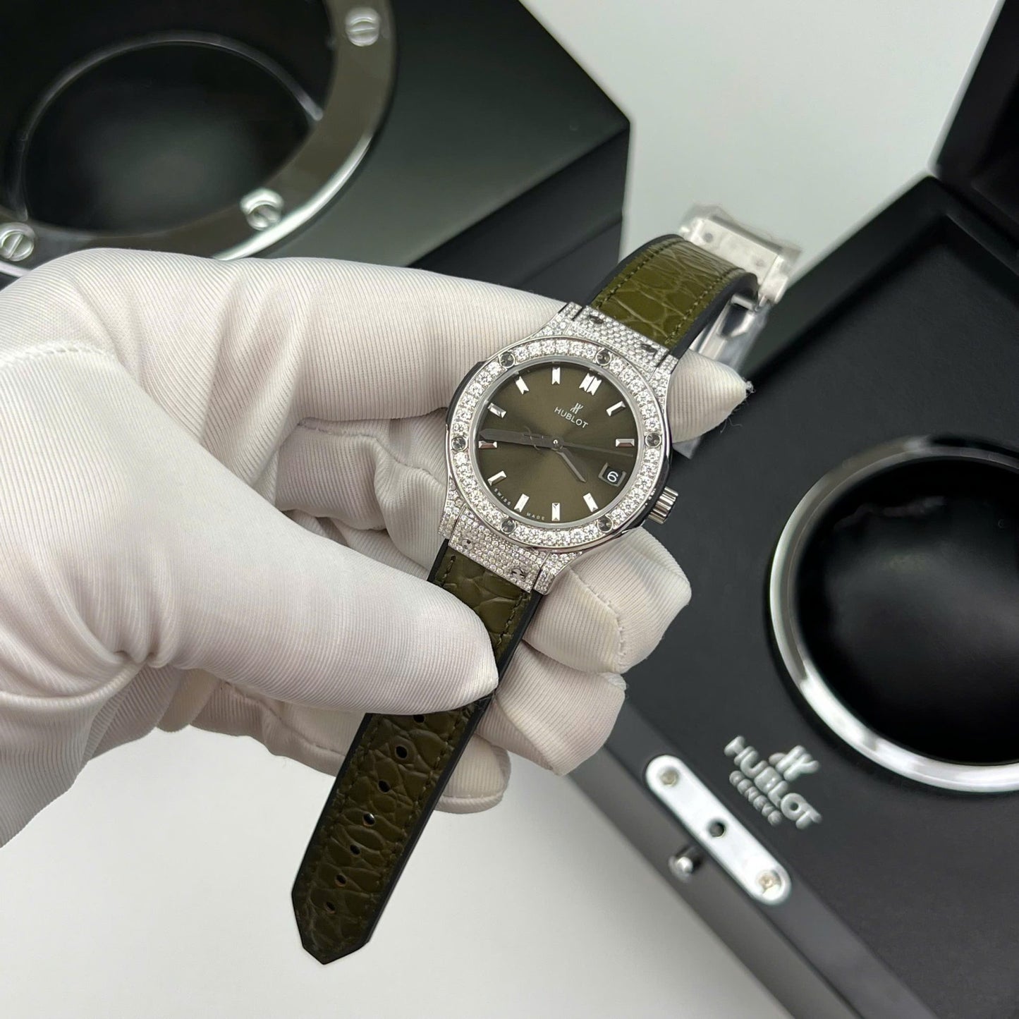 Hublot Classic Fusion Titanium Green Replica Watch Custom Moissanite Diamonds 33mm