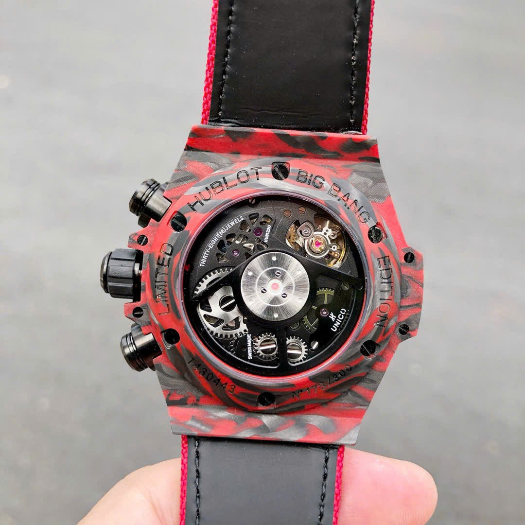 Hublot Big Bang Unico Red Carbon Replica Watches Best Quality Fabric Strap 45mm