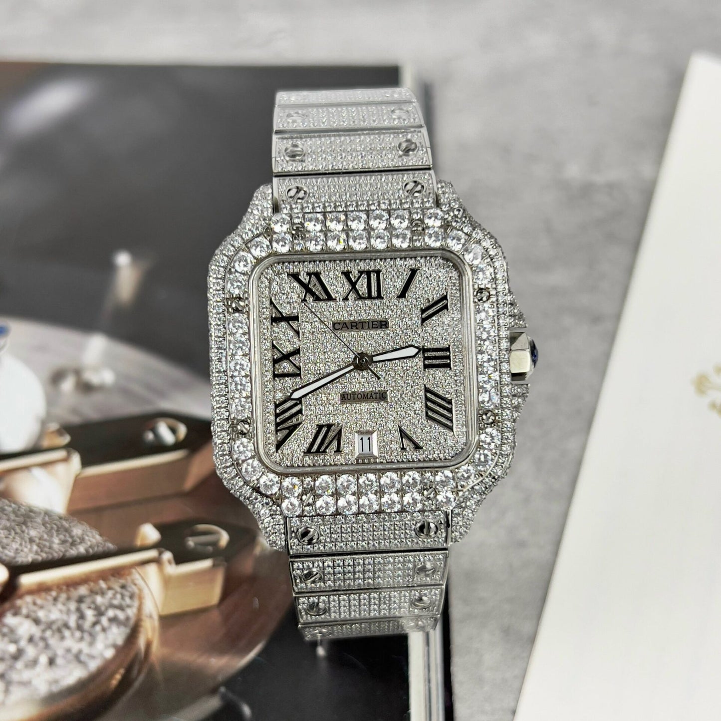 Cartier Santos High Quality Replica Watch With Stone Bezel 39.8mm