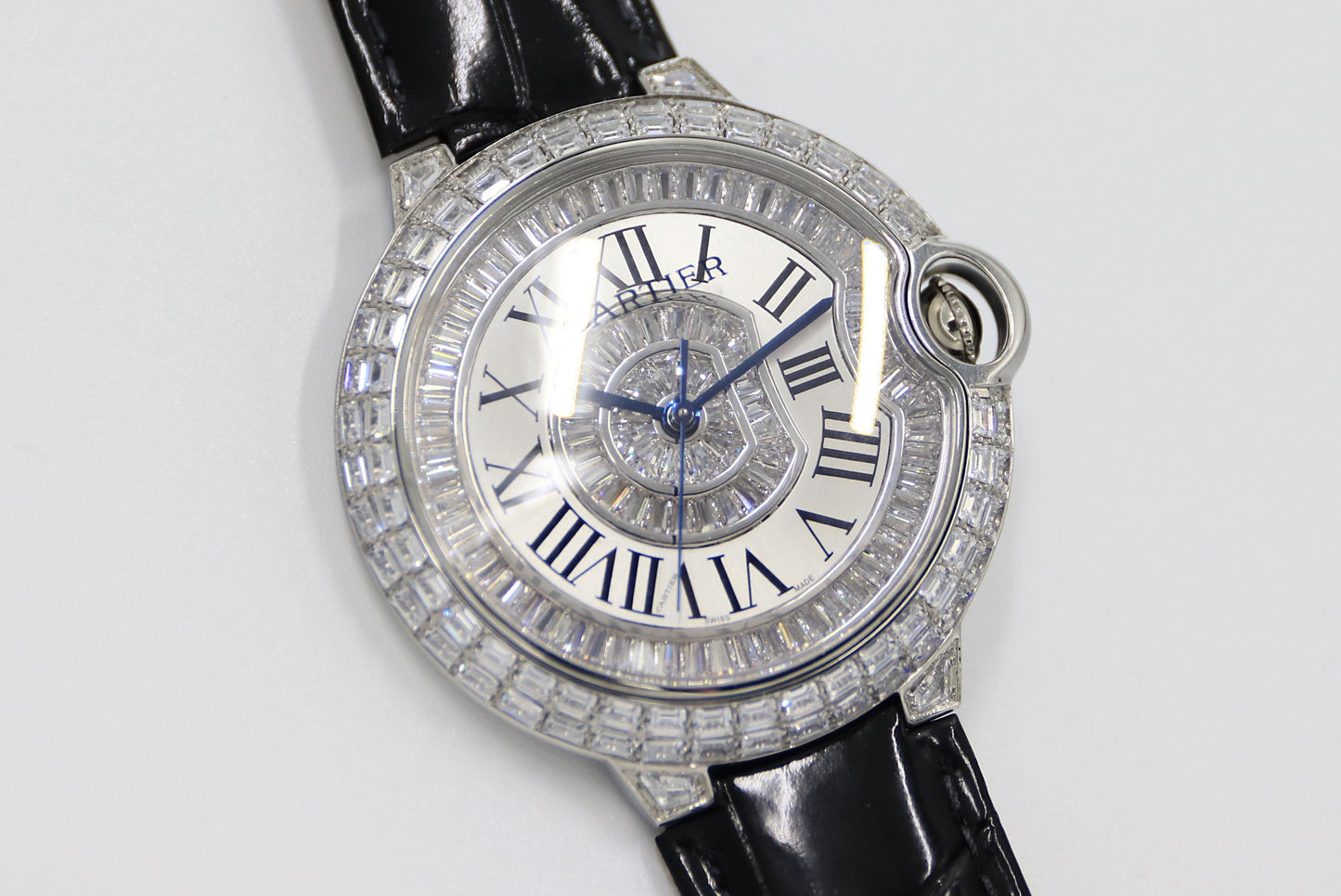 Cartier Blue Balloon Square Diamonds Full Sky Watch-Roman Numerals-White-Leather-42mm(1:1 replica)