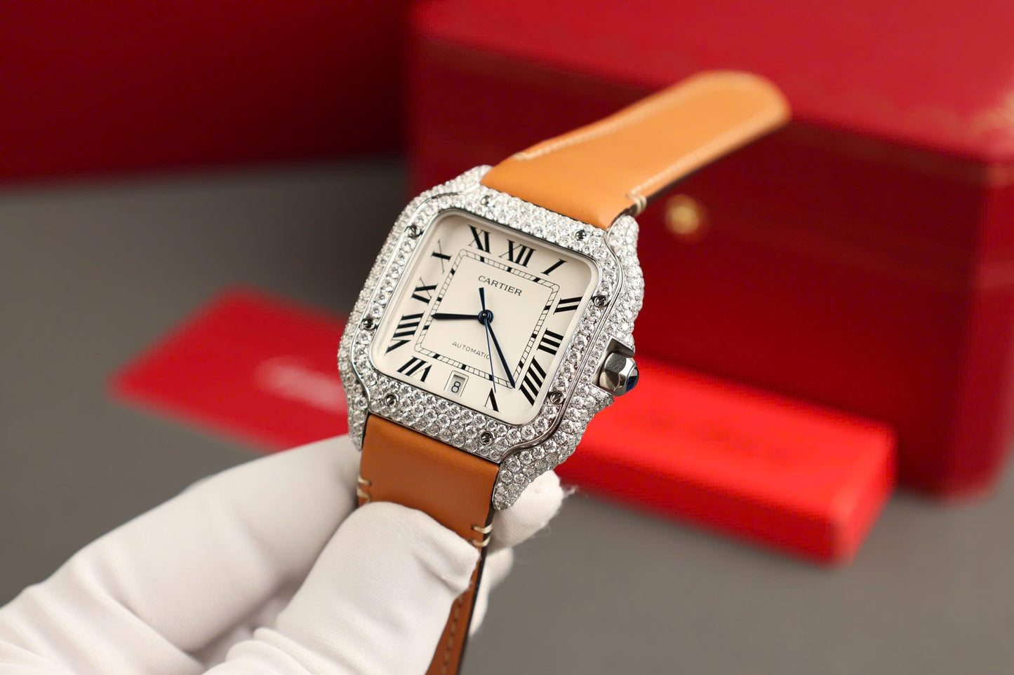 Cartier Santos White Dial Replica Watch Custom Diamonds Moissanite BV Factory 39.8mm