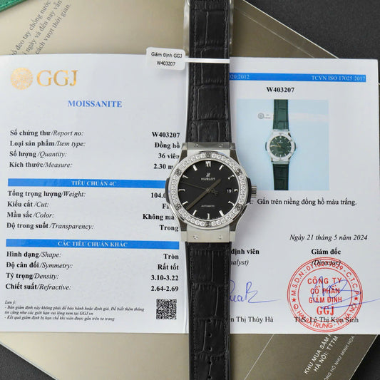 Hublot Classic Fusion Titanium Replica Watch Black Dial Custom Moissanite Diamonds 42mm