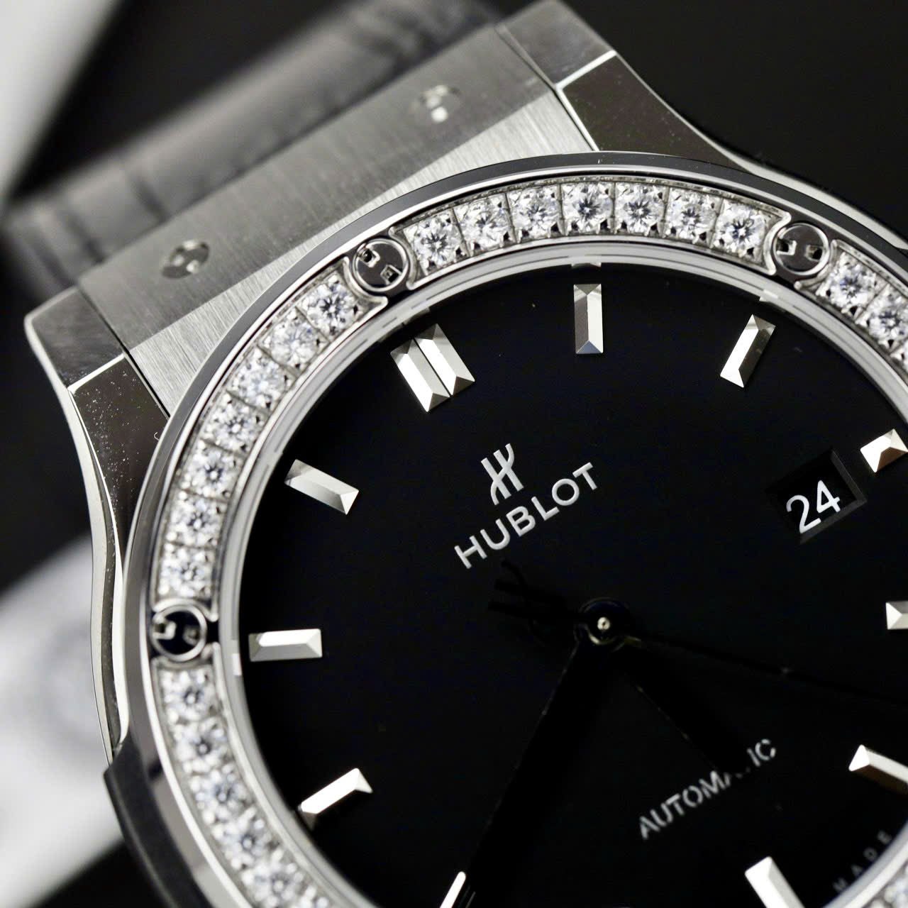 Hublot Classic Fusion Titanium Replica Watch Black Dial Custom Moissanite Diamonds 42mm