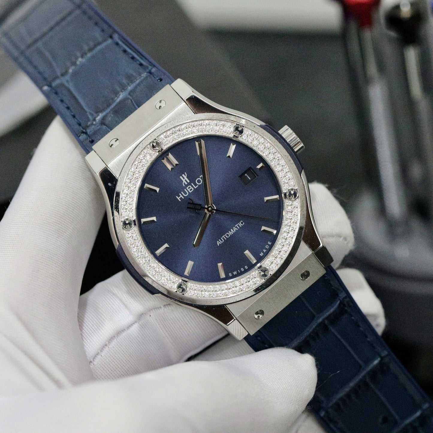 Hublot Classic Fusion Titanium Bezel Diamonds Blue Color Replica Watch HB Factory 42mm