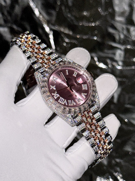 Rolex Replica Watch DateJust With Full Moissanite Diamond Pink Dial 41mm