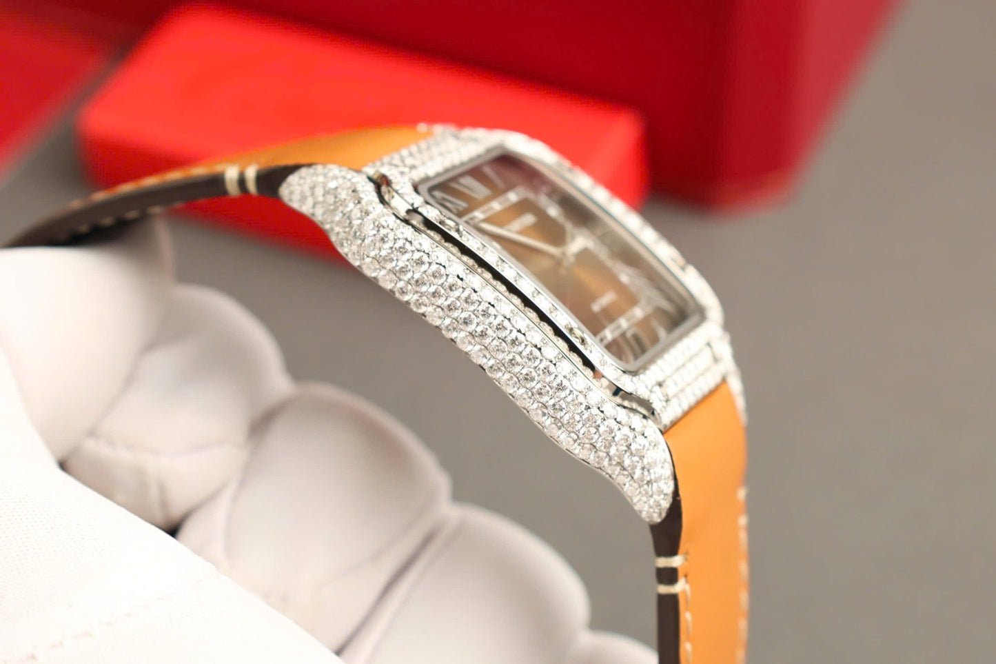 Cartier Santos Dial Brown Replica Watches Custom Diamonds Moissanite BV Factory 39.8mm