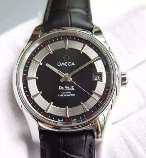 Replica Omega V6F De Ville Hour Vision Co-Axial 41mm SS Black Dial Black Leather Strap A8500