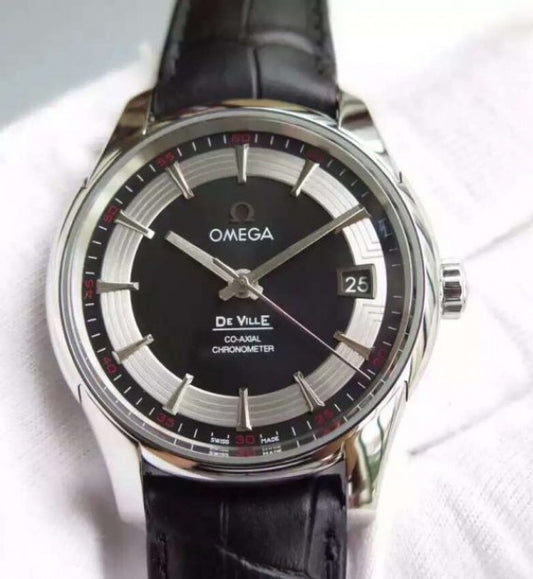 Replica Omega V6F De Ville Hour Vision Co-Axial 41mm SS Black Dial Black Leather Strap A8500
