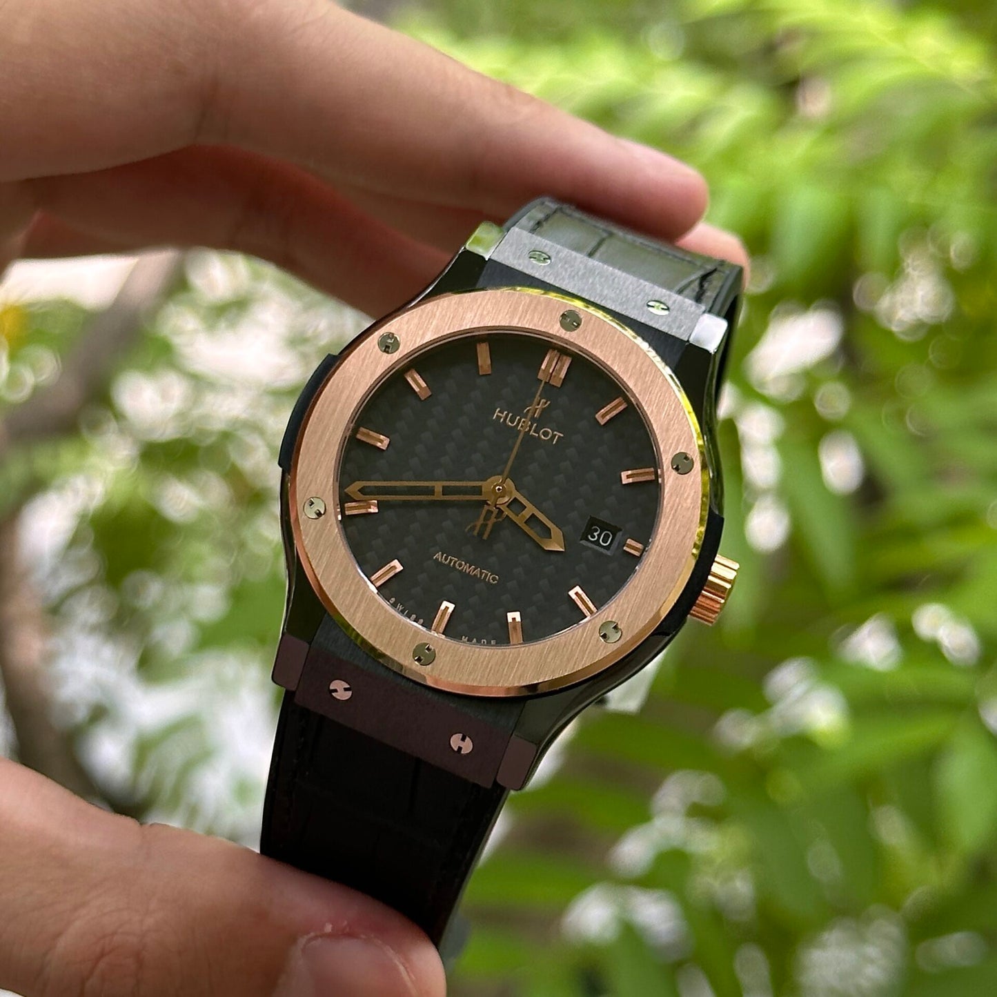 Hublot Classic Fusion Ceramic Demi Gold Carbon Dial Replica Watch JJZ Factory 42mm