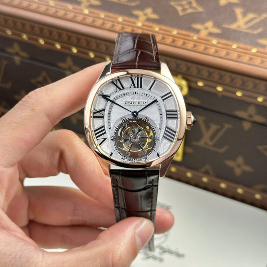 Cartier Drive Tourbillon Best Copies Watch Dial Guiloche Motif Leather Strap 41mm