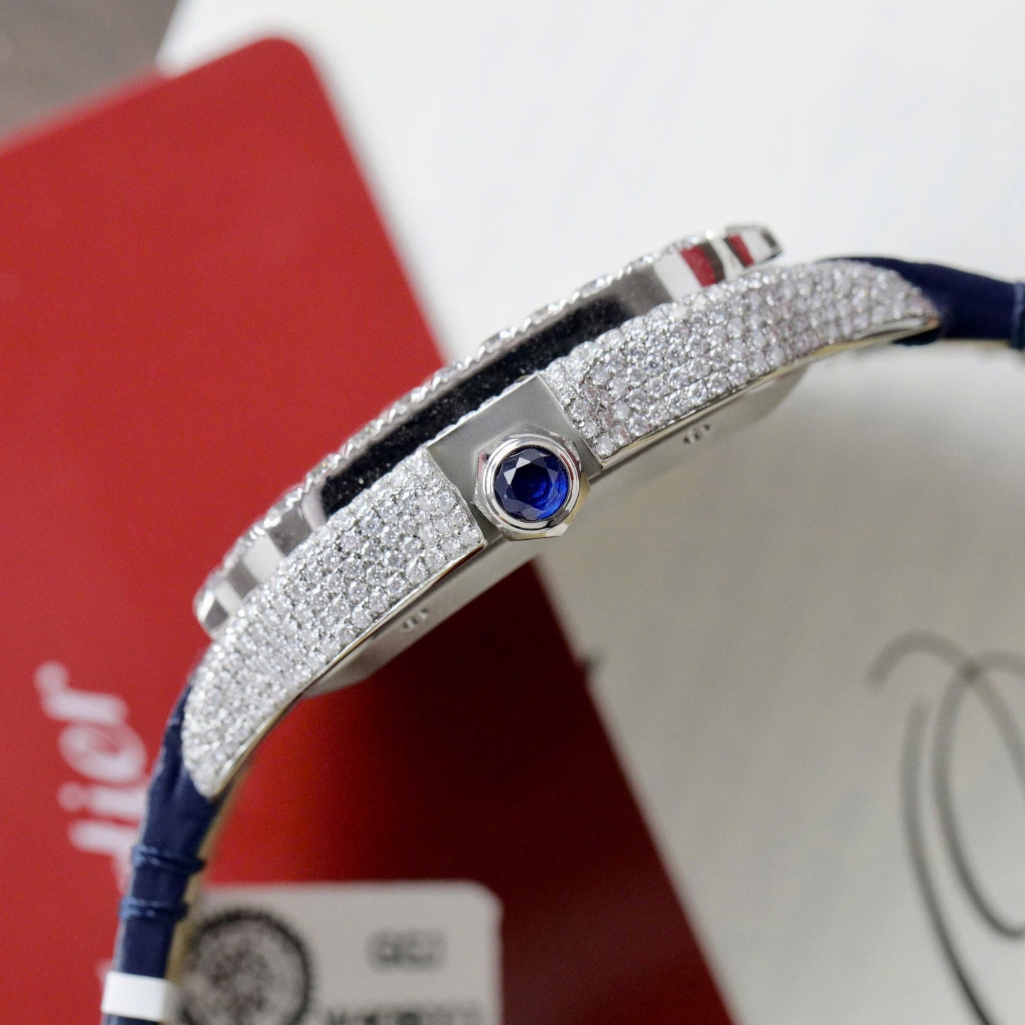 Cartier Santos Best Copies Watch Dial Blue Custom Diamonds Moissanite Hong Kong 39.8mm
