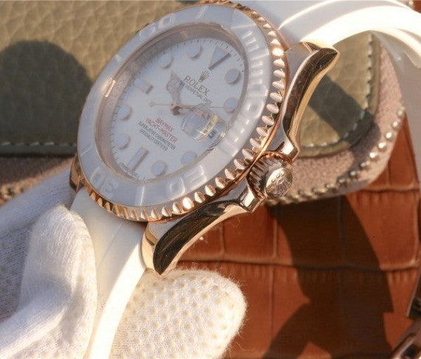 Replica Rolex Yacht-Master 116655 RG White Dial White Ceramic Rubber Strap A2824