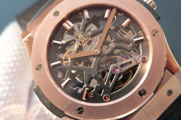 Replica Hublot Classic Fusion Tourbillon RG 45mm TF Skeleton Dial Black Gummy Strap A23J