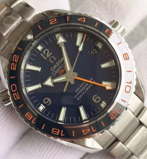 Replica Omega Planet Ocean GMT Goodplanet Blue Bezel Orange Marker Blue Dial SS Bracelet A8605