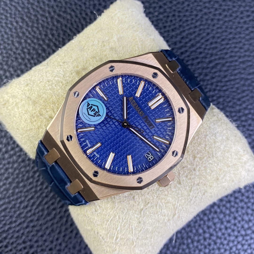 Audemars Piguet Replica AP Watch Royal Oak Selfwinding ¡°50th Anniversary¡± 41mm Rose Gold Blue Dial Leather Strap 15510OR.OO.D315CR.01-APS(1:1 replica)